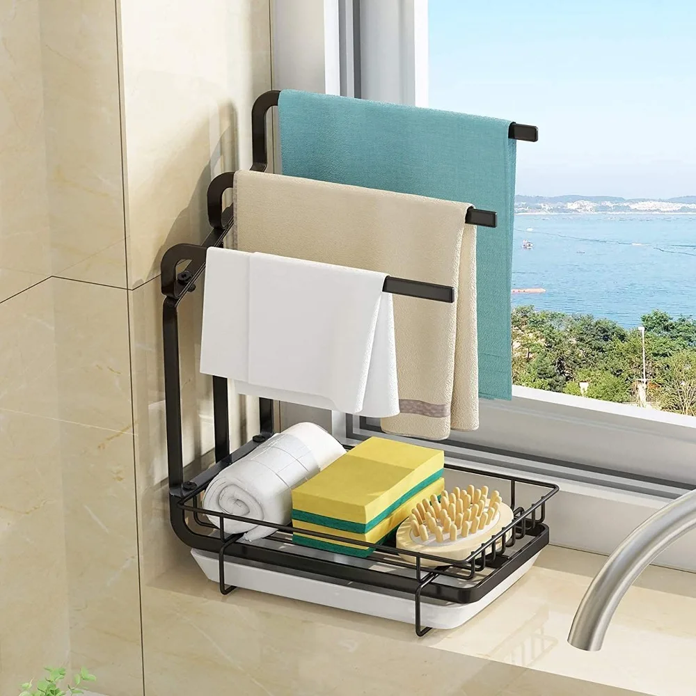 

Kitchen sink sponge holder with drainage tray, kitchen sink storage container sponge brush soap tray metal holder