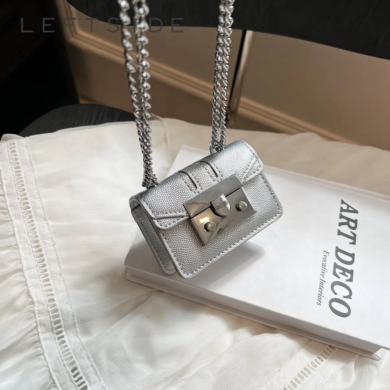 LEFTSIDE Super Mini Silver Chain Leather Crossbody Bags for Women 2023 New In Trend Design Y2k Phone Handbags and Purses