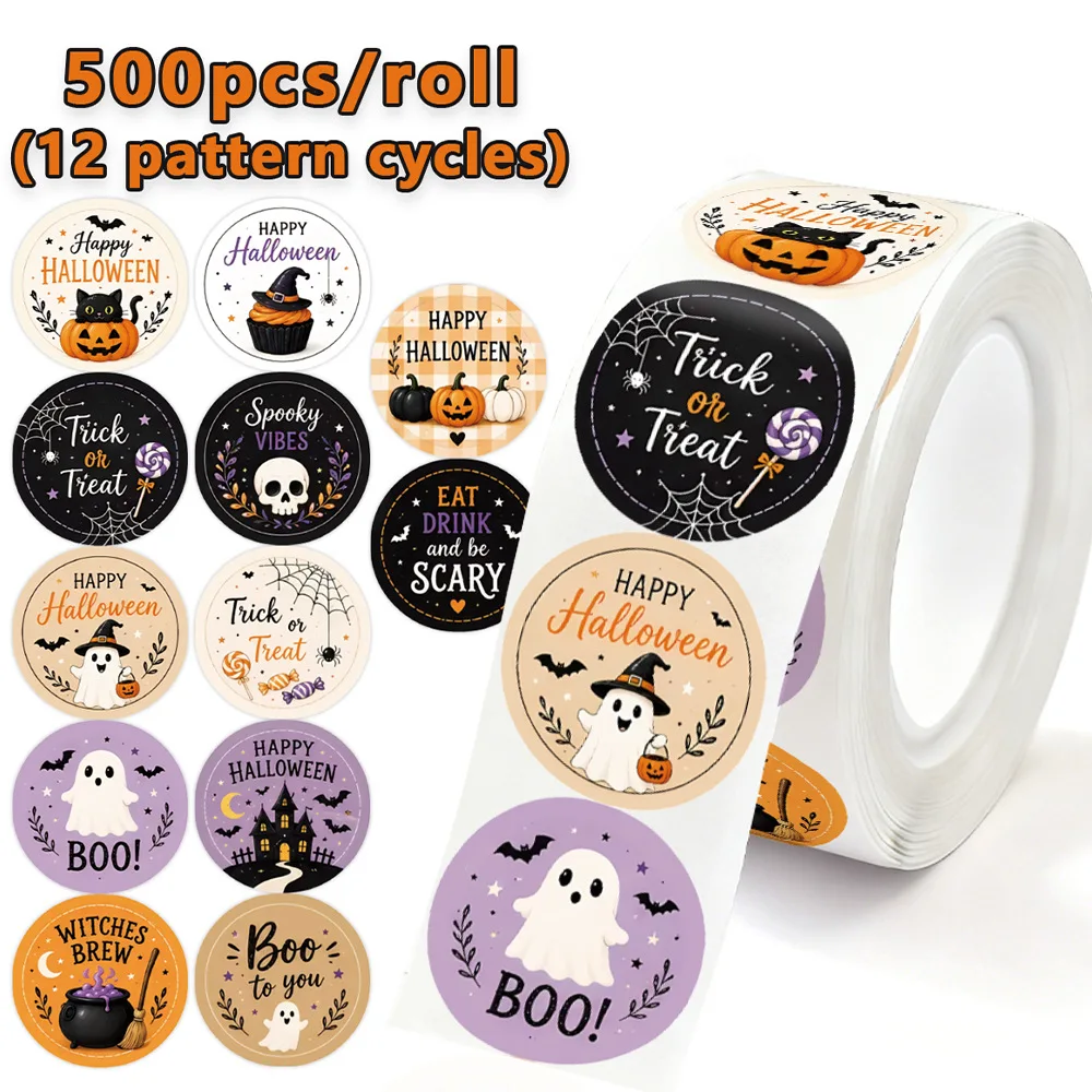 500pcs Per Roll Halloween Graffiti Illustrated Seal Stickers, Gift Box Packaging Sealing Tape DIY Decor Label for Holiday Party Gift - view 5