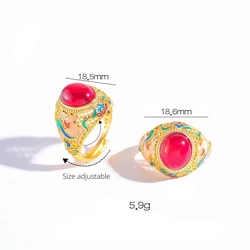 خاتم على شكل بيضاوي من المينا على الطراز الملكي ، عقيق أحمر ، خاتم بحجم قابل للتعديل ، مطلي بالذهب عيار 24