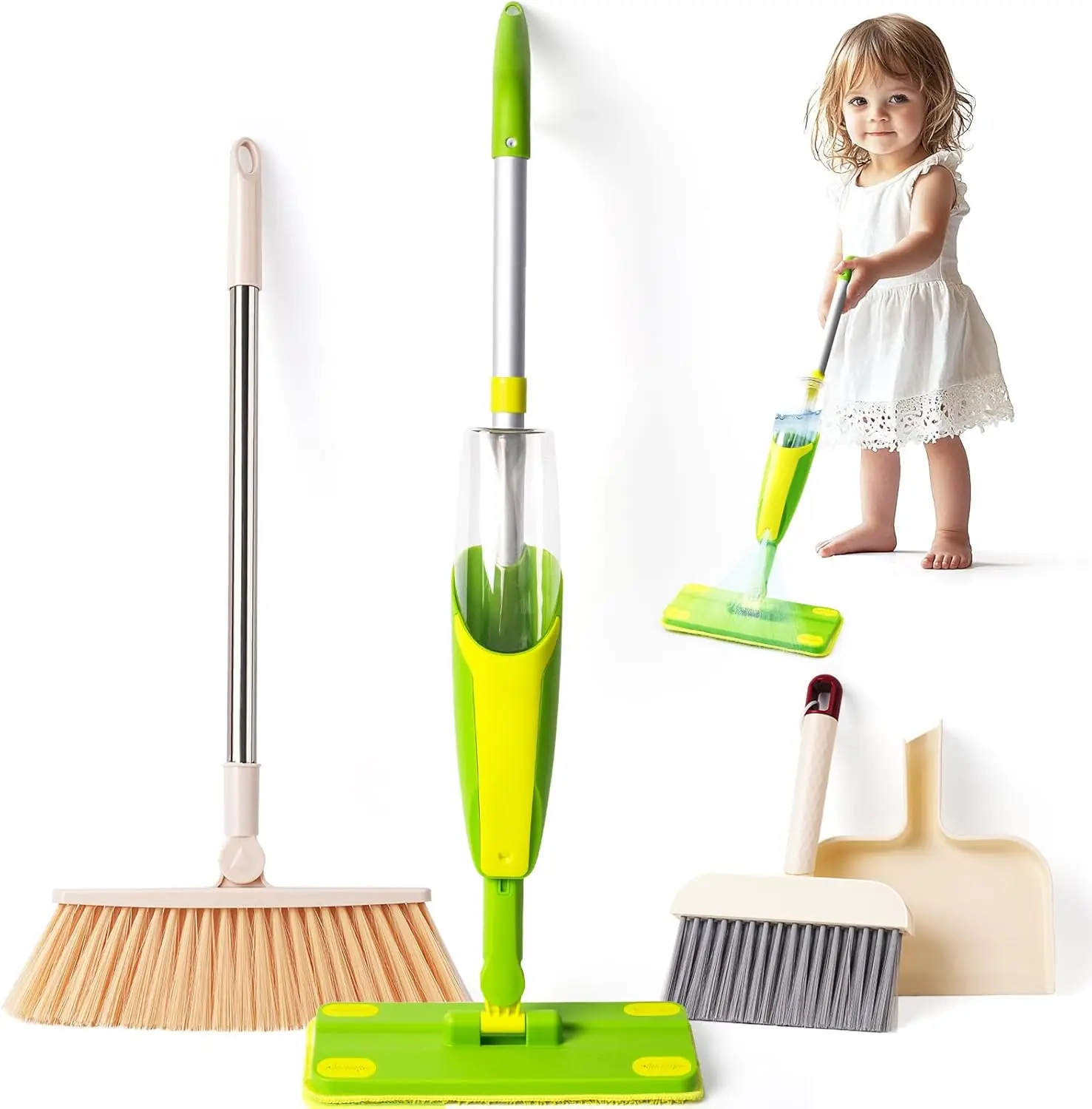 

Kids Cleaning Toy Set with Spray Mop & Broom Dustpan, Montessori Pretend Play for Toddlers Age 3+