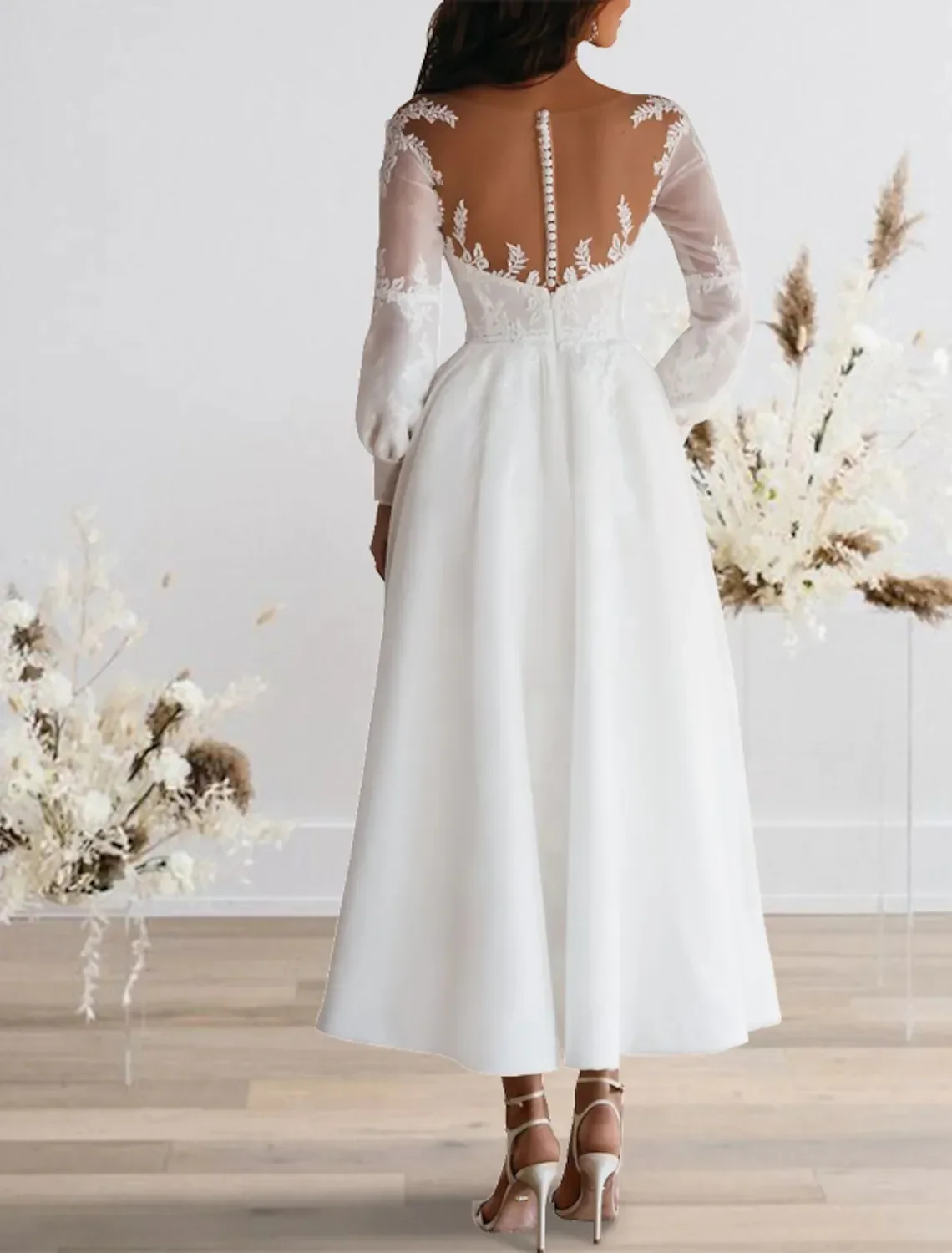 New Custom wedding dress 2024 Ankle-Length A-Line sexy V-neck Long Sleeve Illusion Neck applique lace bridal gown for wedding