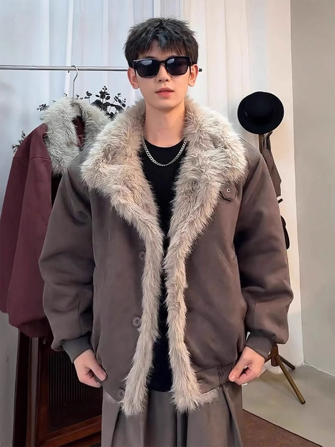 

Men's ort Suede Cotton Jaet Thiened Winter Coat with Fur Collar Warm Workwear Pilot Coat Loose Fit Casual Sle