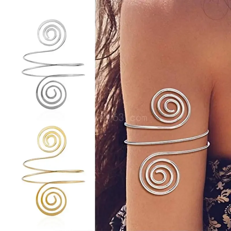 Alloy Spiral Armband Upper Arm Cuff Armlet Bangle Bracelet Egyptian Costume Accessory for Women Gold Silver Color