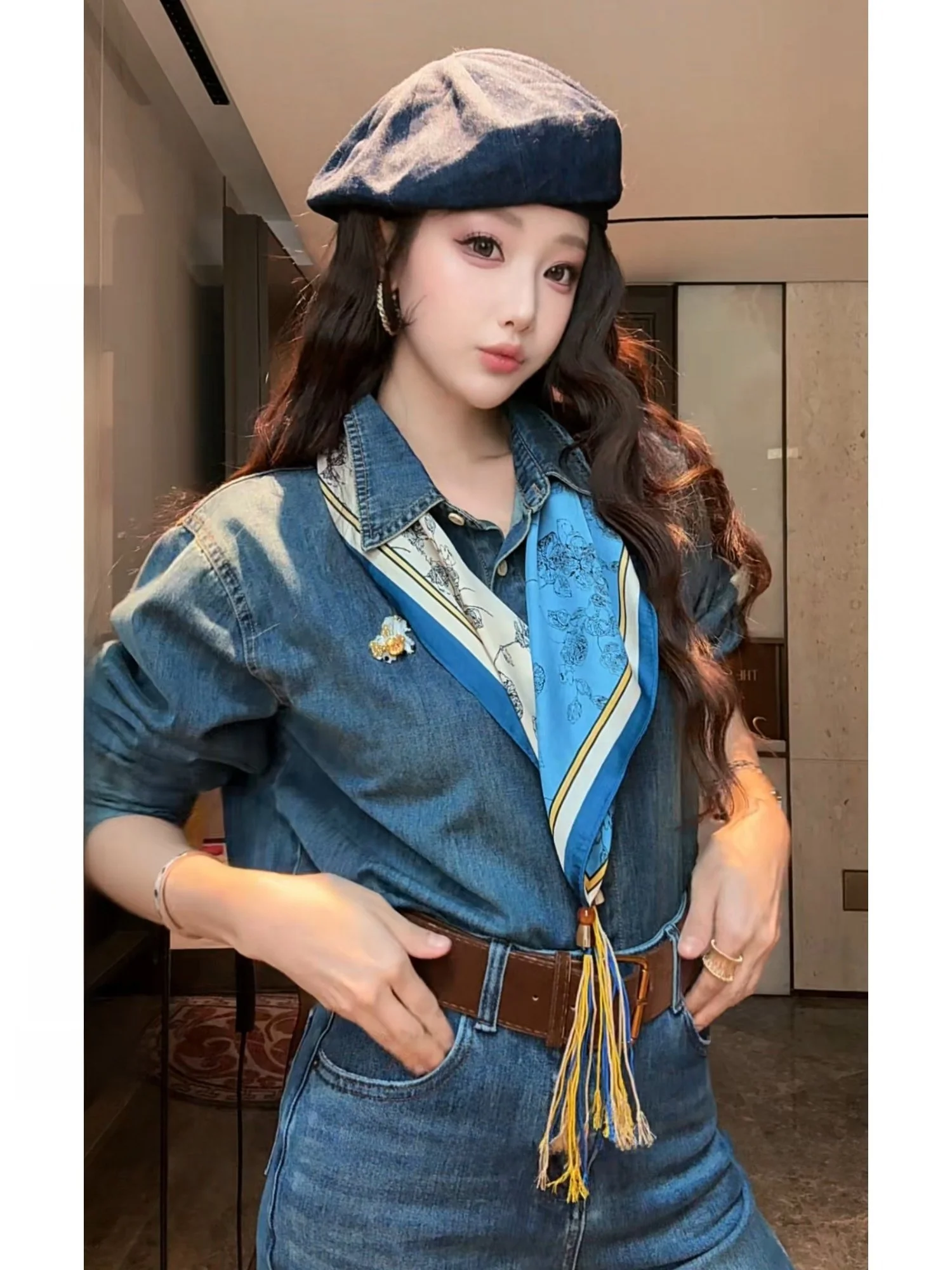 

New Dadada Vintage Distred Denim irt Women Long Sve with Silk Scarf Tied Top Casual Slim Fit Breathable Spring Wear