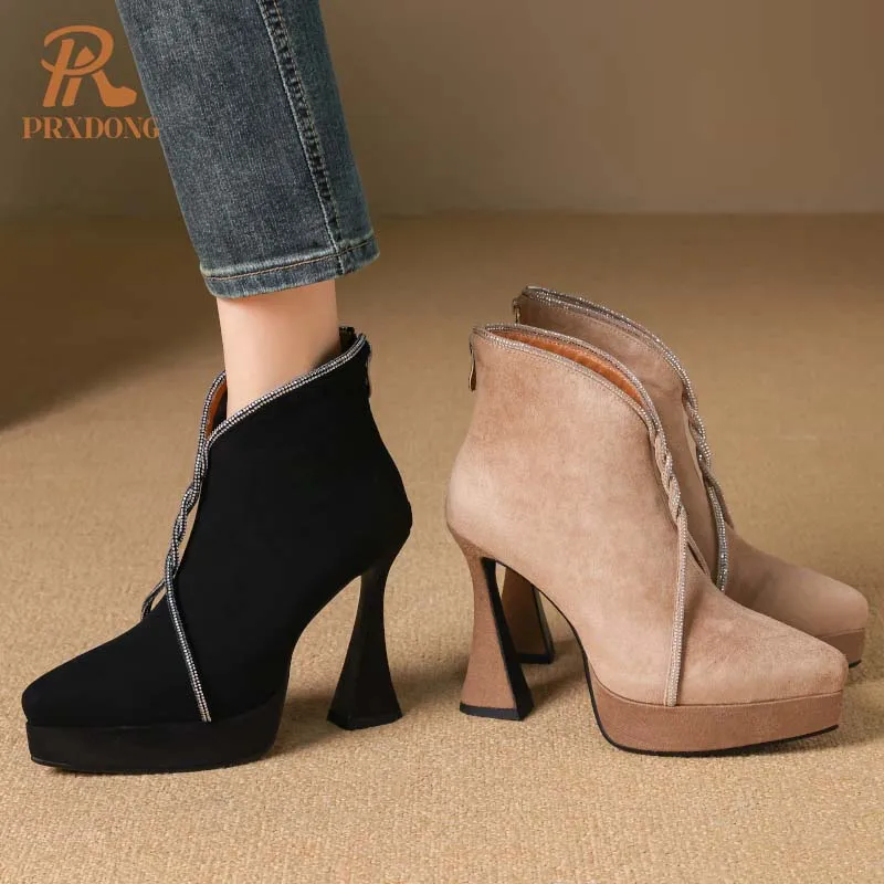 PRXDONG New Classics Genuine Leather Autumn Winter Warm Ankle Boots High Heels Platform Black Apricot Dress Party Lady Shoes 39 image 3