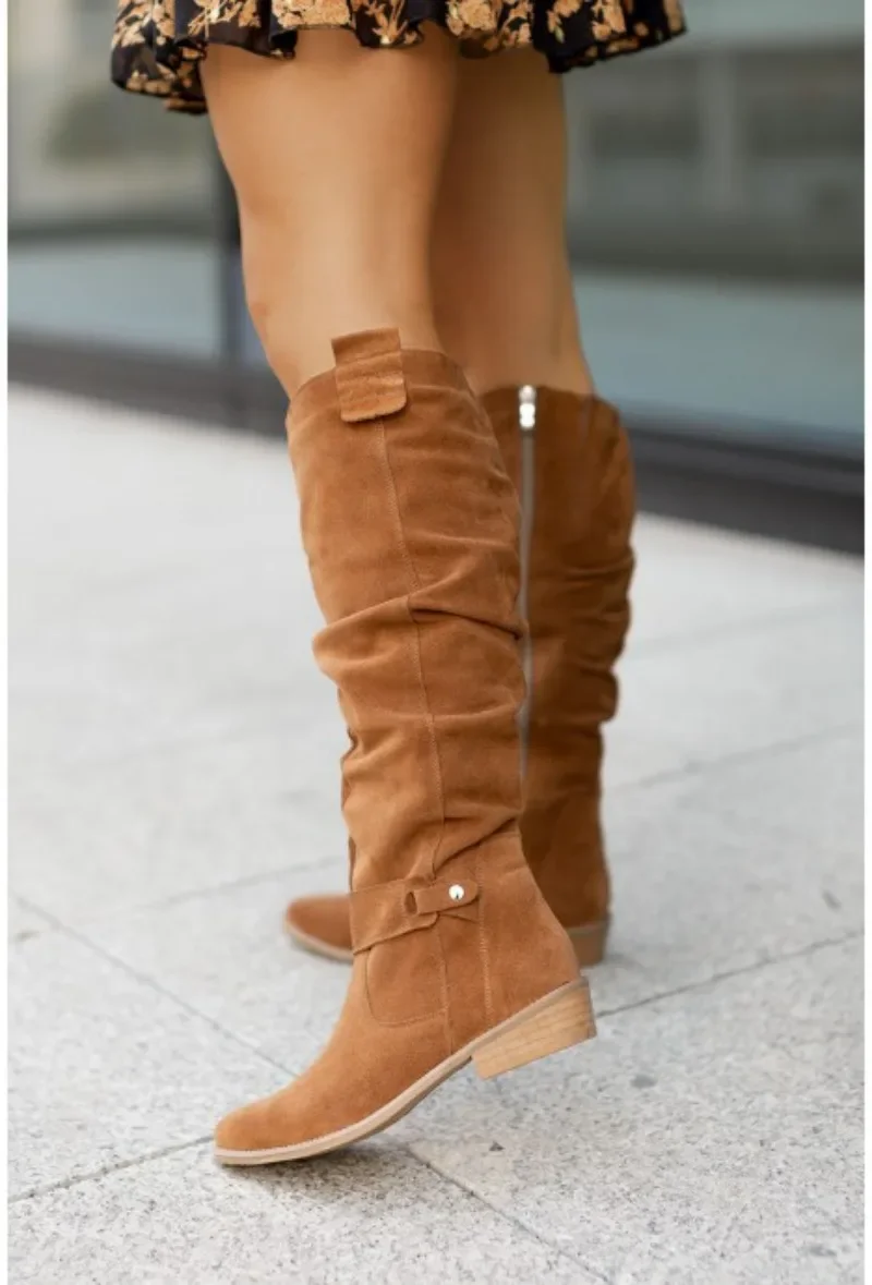 New Fashion Low Heel Side Zip Suede Thigh High Women\'s Boots Retro Woman Booties Autumn Winter Knee High Boots