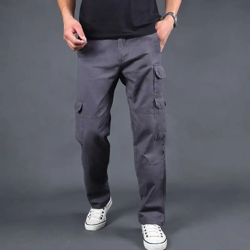 

Men's Multi-ket Work Pants Pure Cotton Tactical Loose Straight Leg Large Size Casual Thiened Spring Autumn Khaki Color