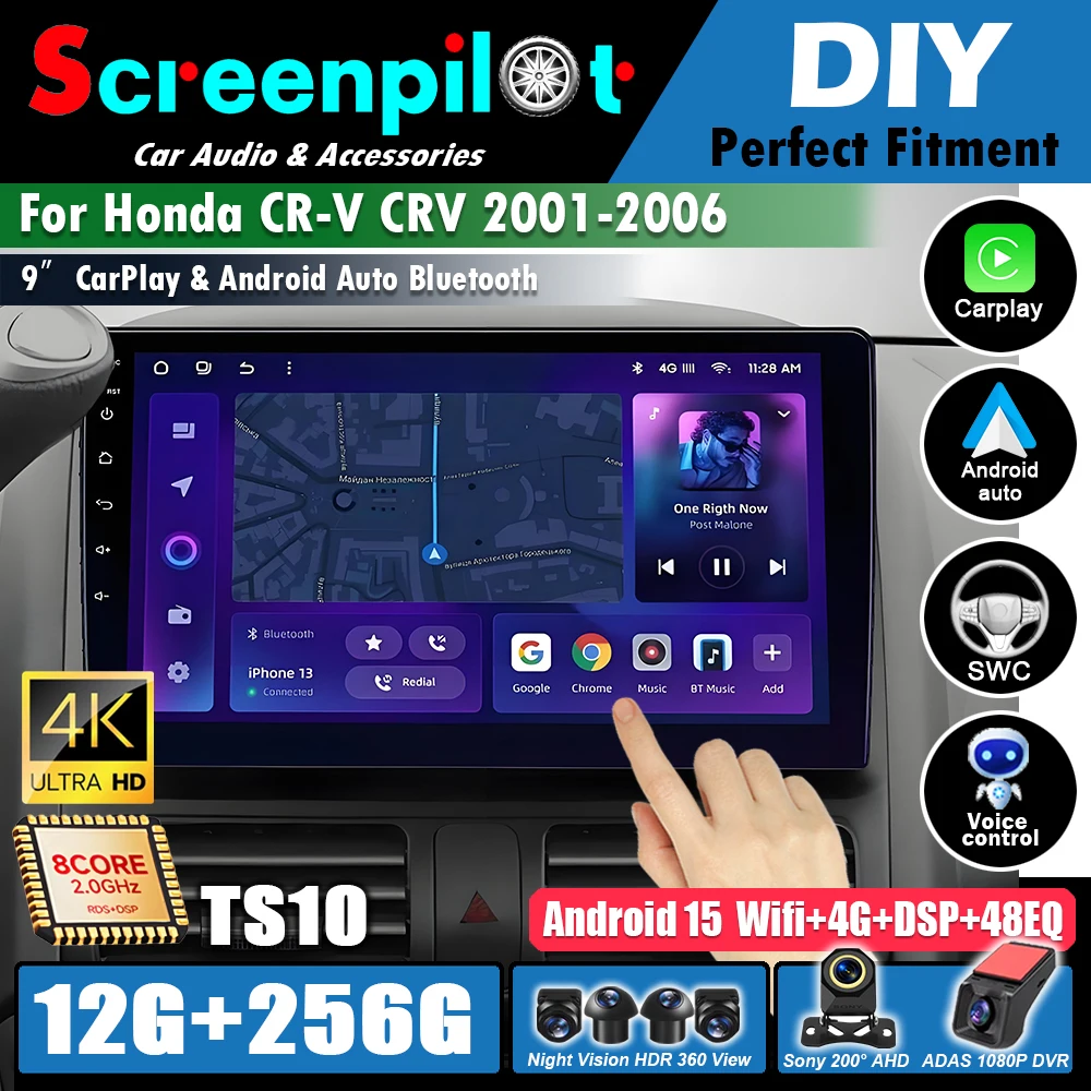 Android Auto Touch Screen Carro Para Honda CR-V CRV 2001 2002 2003 2004 2005 2006 9 Polegada Carro Sem Fio Estéreo Carplay GPS 5G DSP