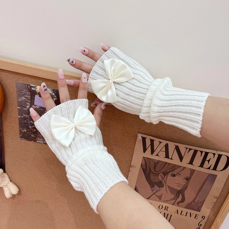 

Girl Bow Knitted Stretchy Long Gloves Lolita Cute Warm Arm Sleeves Solid Color Hand Decorative Fashion Wrist Fingerless Gloves