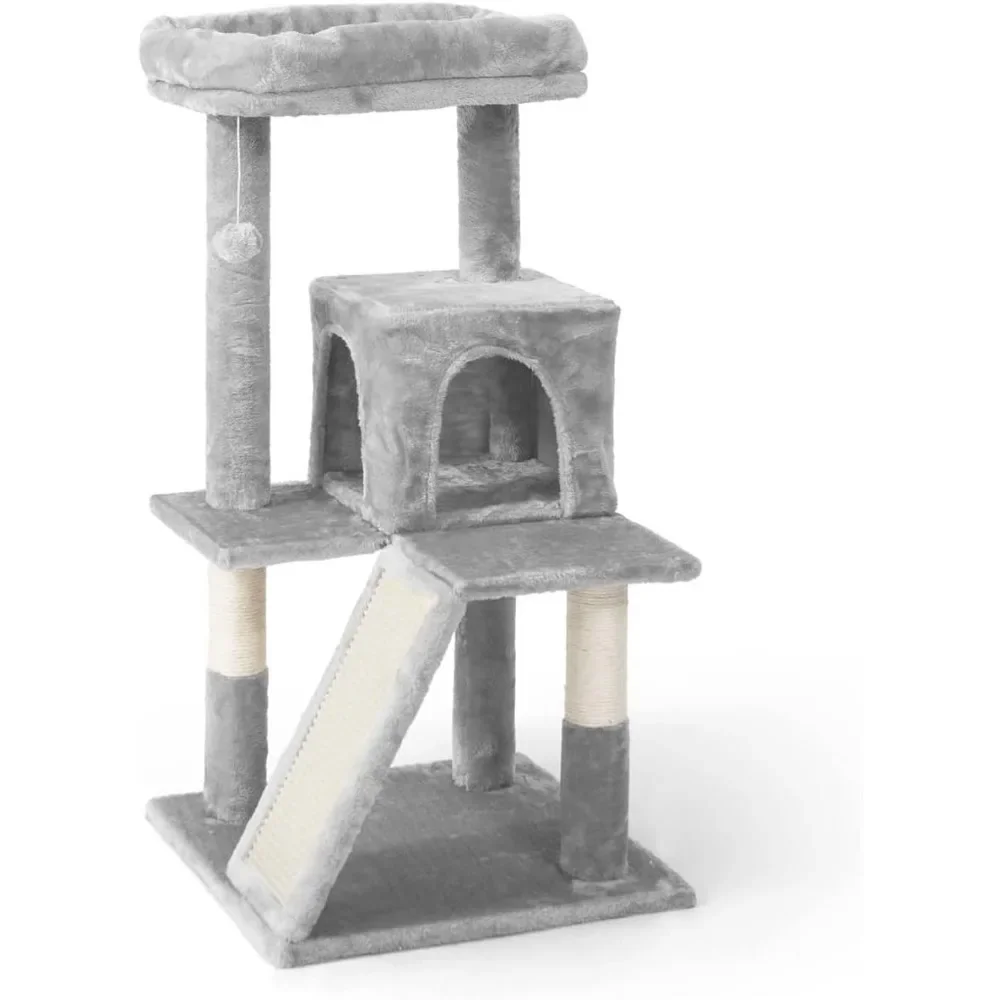 

Cats Kittens Tower with Large Modern Widened Perch, Cute Indoor Multi-Level Cat Activity Tree Scratching Posts, Small Ramp