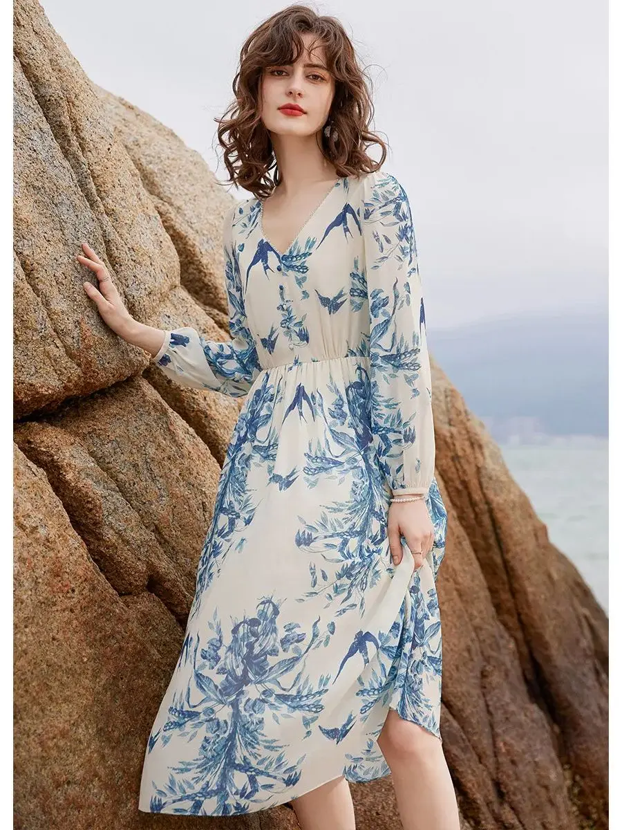 LOUIS YAO Women Dress Elegant V Neck Long Sleeve Print Summer Dress French Style High Waist A-line Slim Fit Long Dress