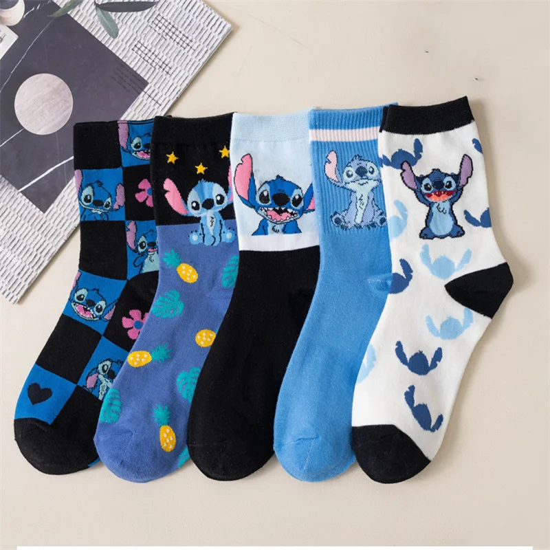 

5pairs Disney Mid-Tube Socks Anime Lilo & Stitch Cotton Midtube Stockings Socks Y2K Comfortable Soft and Breathable Gift Socks