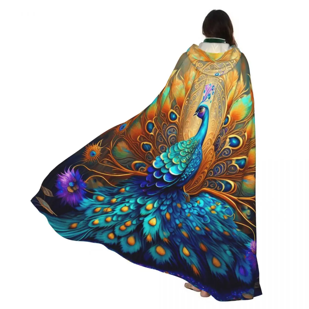 

Peacock With Feathers Ornaments Cloak Hooded Cosplay Costume Halloween Adult Long Party Cape