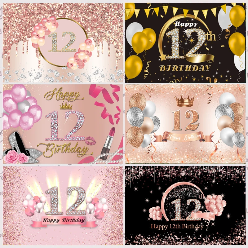 12th Birthday Backdrop Banner For Girls Happy 12 Years Old Party Supplies Custom Photography Background Rose Glod