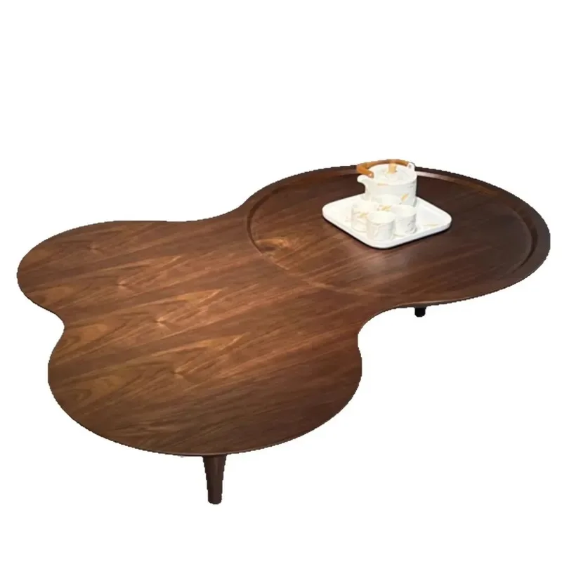French modern solid wood coffee table, wooden frame walnut color, unique shape design, suitable for living room