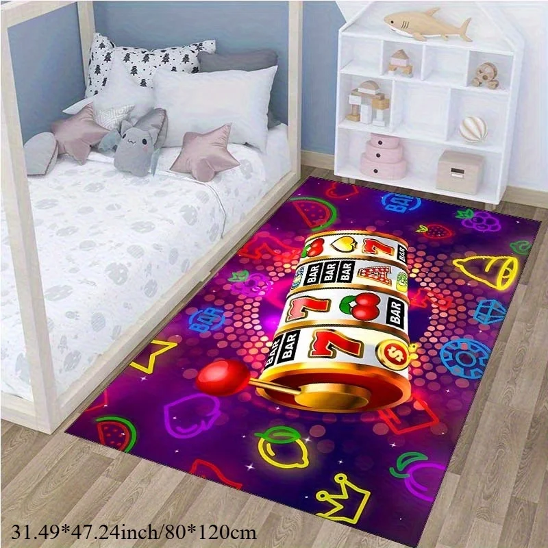 Neon Slot Machine Lucky 7 Casino Game Small Area Rug, Gambling Fruit Symbol Non-slip Doormat for Game Room Bedroom