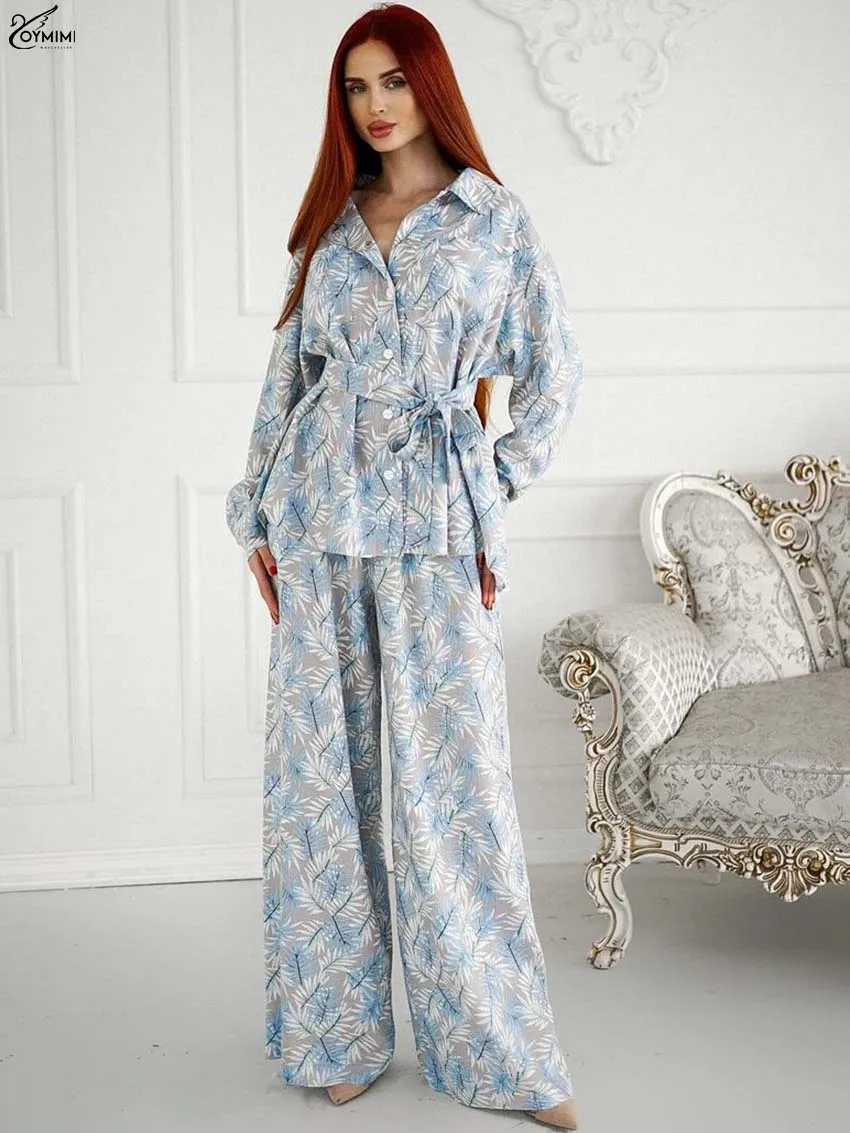 

Oymimi Elegant Blue Print Woman 2 Piece Set Outfit Fashion Long Sleeve Button Open Back Lace-Up Shirts And Straight Trousers Set