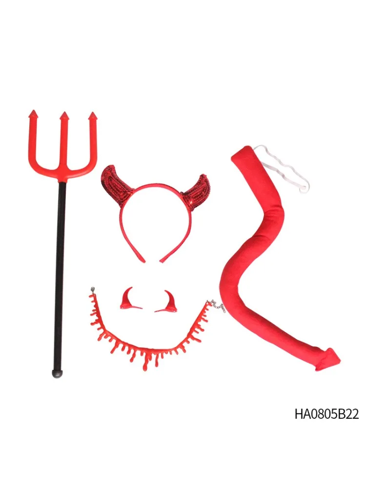

PESENARThe Halloween Devil set includes a red devil head with a bloody necklace tail and fork handle for a Halloween party dress
