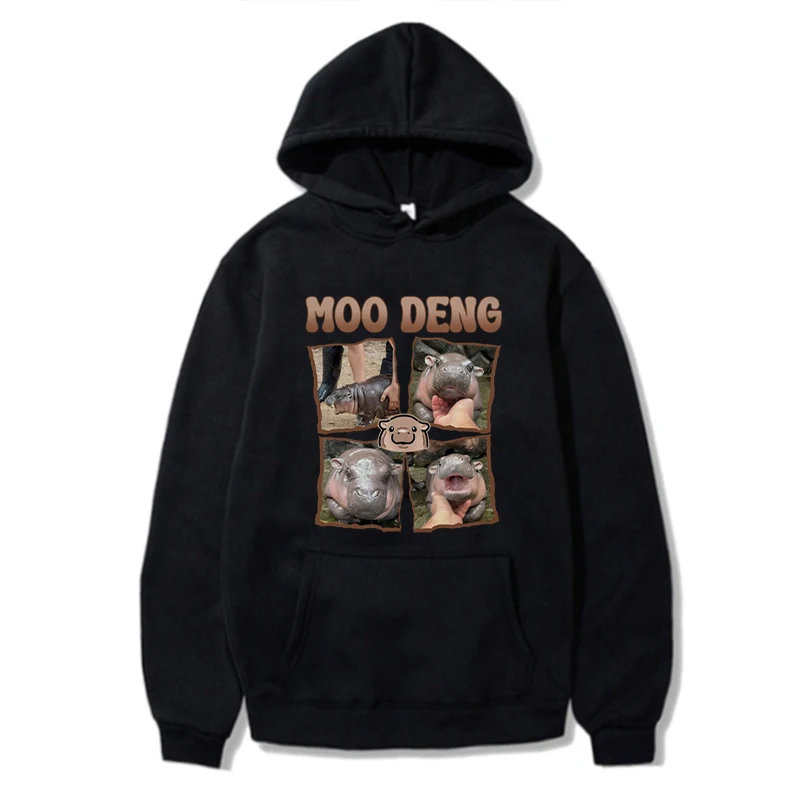 Cute Moo Deng Hippo Funny Emoticons Retro Style Hoodie For Men And Women Streetwear Suitable For Winter