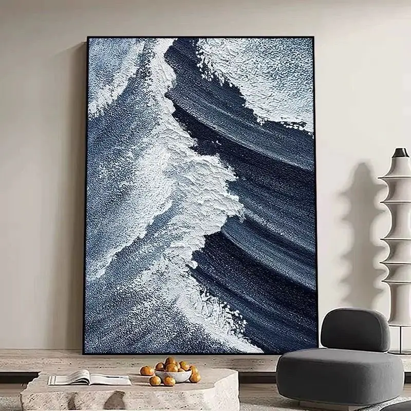 High Quality Black and White Texture Pure Handmade Oil Painting Modern Abstract Sea Wave Living Room Wall Decoration Painting