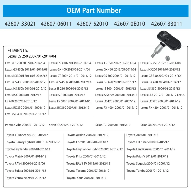 1/4PCS TPMS Tire Pressure Monitoring Sensor PMV-107J 42607-33011 42607-33021 For Toyota Camry Lexus Prius