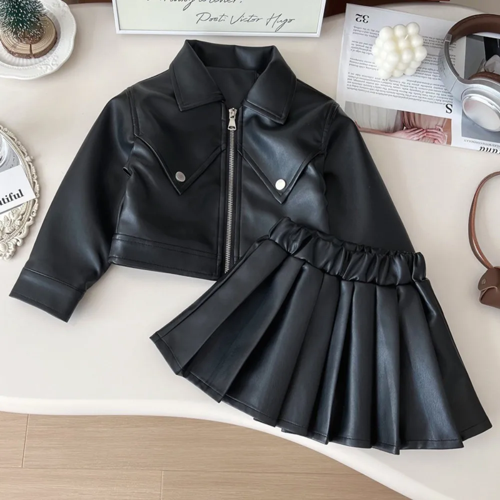 Korean Version Autumn New Solid Color Girls' Fashion Suit Collar Leather Jacket Zipper Coat+pleated Skirt Two Piece Set