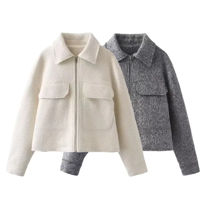 

Casual Cropped Jacket Women 2025 New Autumn Fashion Pockets Loose Bomber Jackets Outerwears Turndown Collar Zipper Short Coats