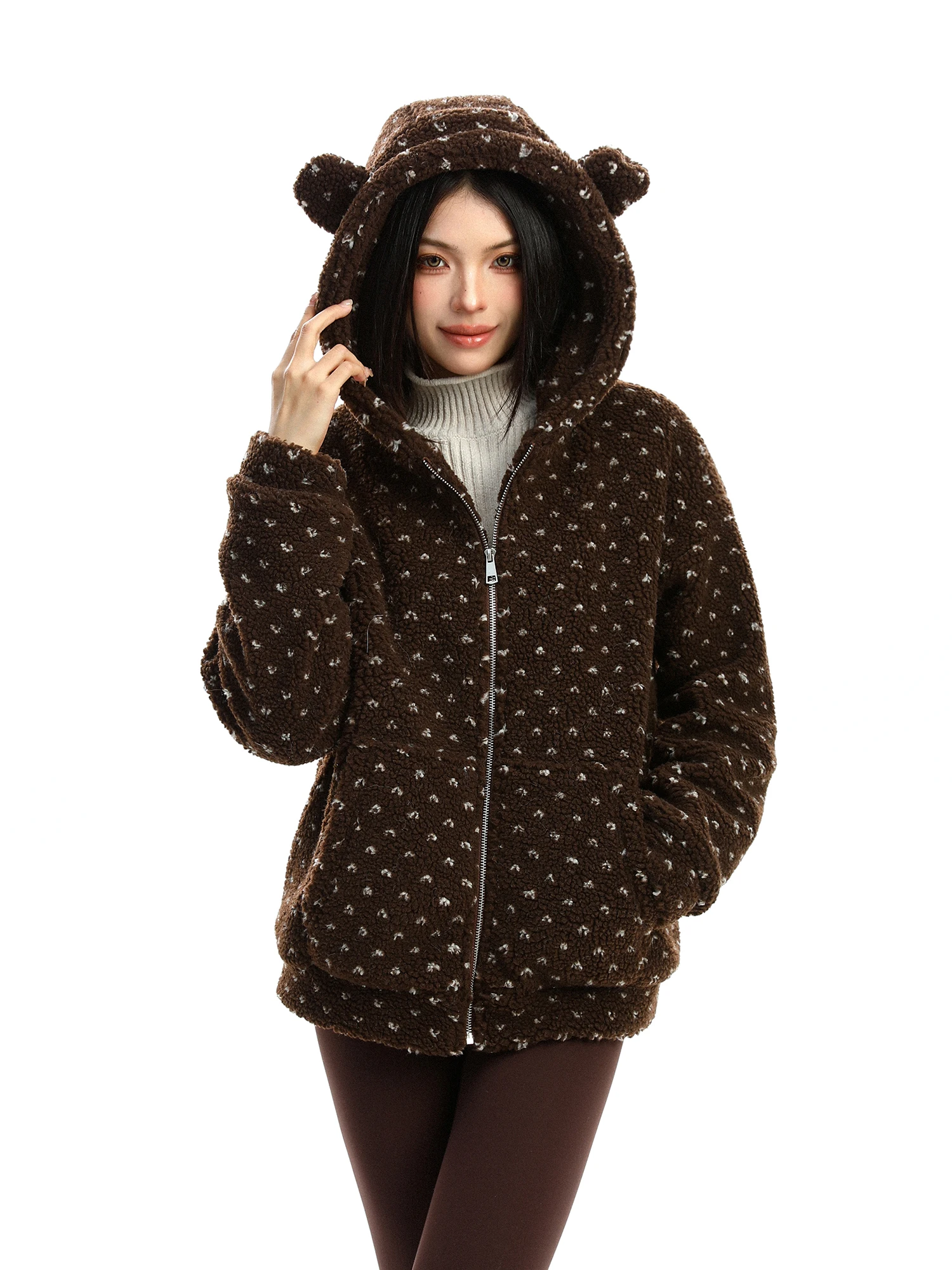 

Утепленная женская зимняя повседневная куртка из хлопка с капюшоном, ушками медведя и принтом в горошек, на молнии, с длинными рукавами