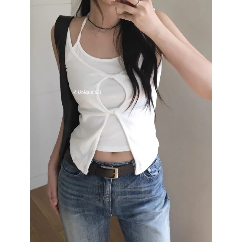 Fake Two Pieces Hollow Pleated Sexy Slim Camisole Women 2025 Summer New High Street Fashion All Match Lace Up Halter Crop Tops