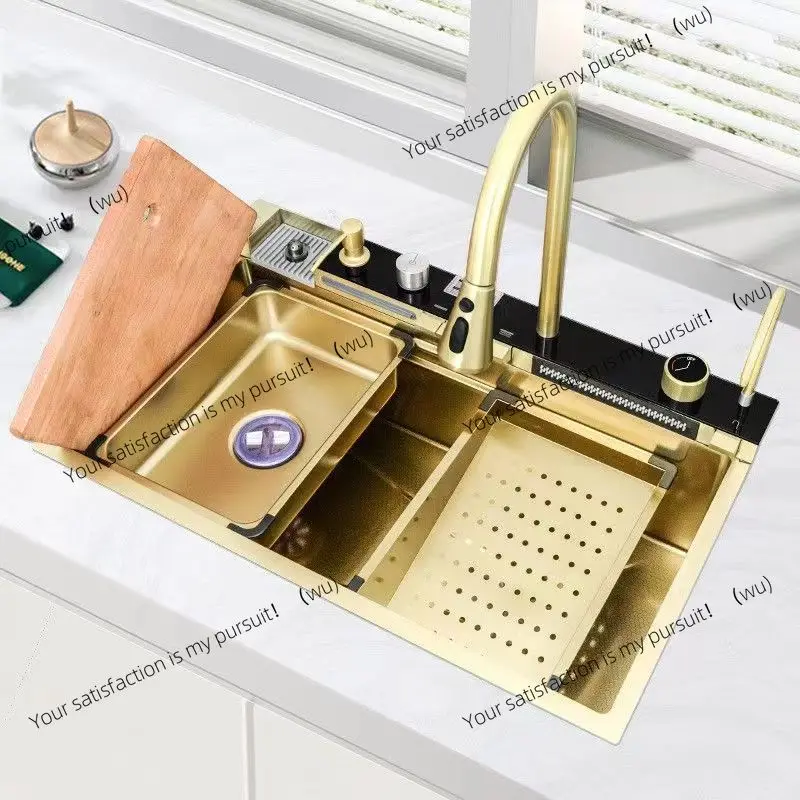 

Multifunctional Golden Kitchen Waterfall Sink, Digital Display, Large Single Sink, 304 Stainless Steel Sink