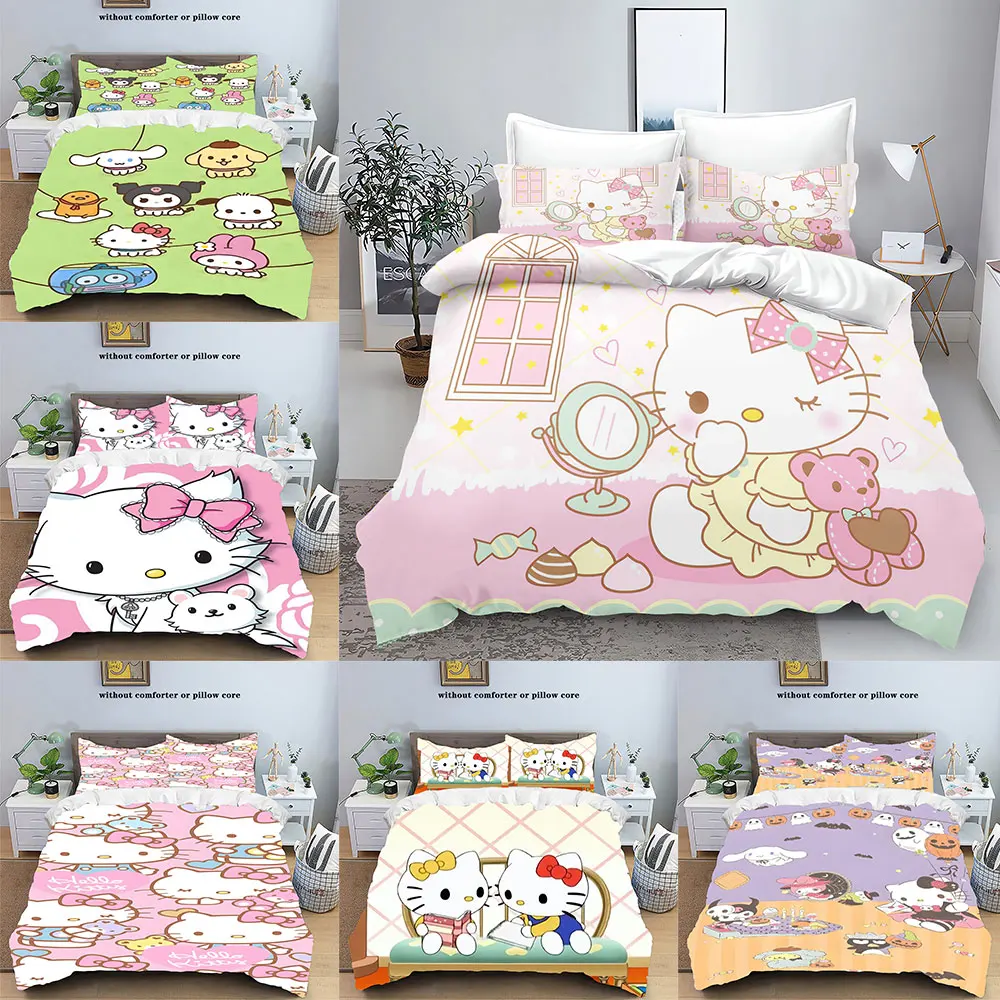 

Sanrio Bedding Sets Hello Kitty Comforter Cover Soft Bed Cover Duvet Cover Pillow Case 2-3 Pieces Sets Bedroom Decoration