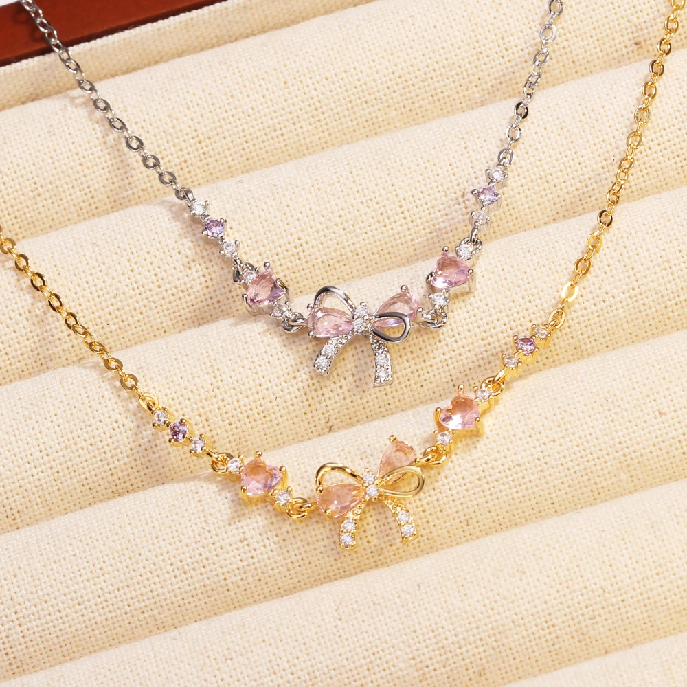 Y2K Exquisite Süße Rosa Zirkon Bowknot Liebe Herz Kette Halskette Für Frauen Mädchen Party Geburtstag Schmuck Geschenk
