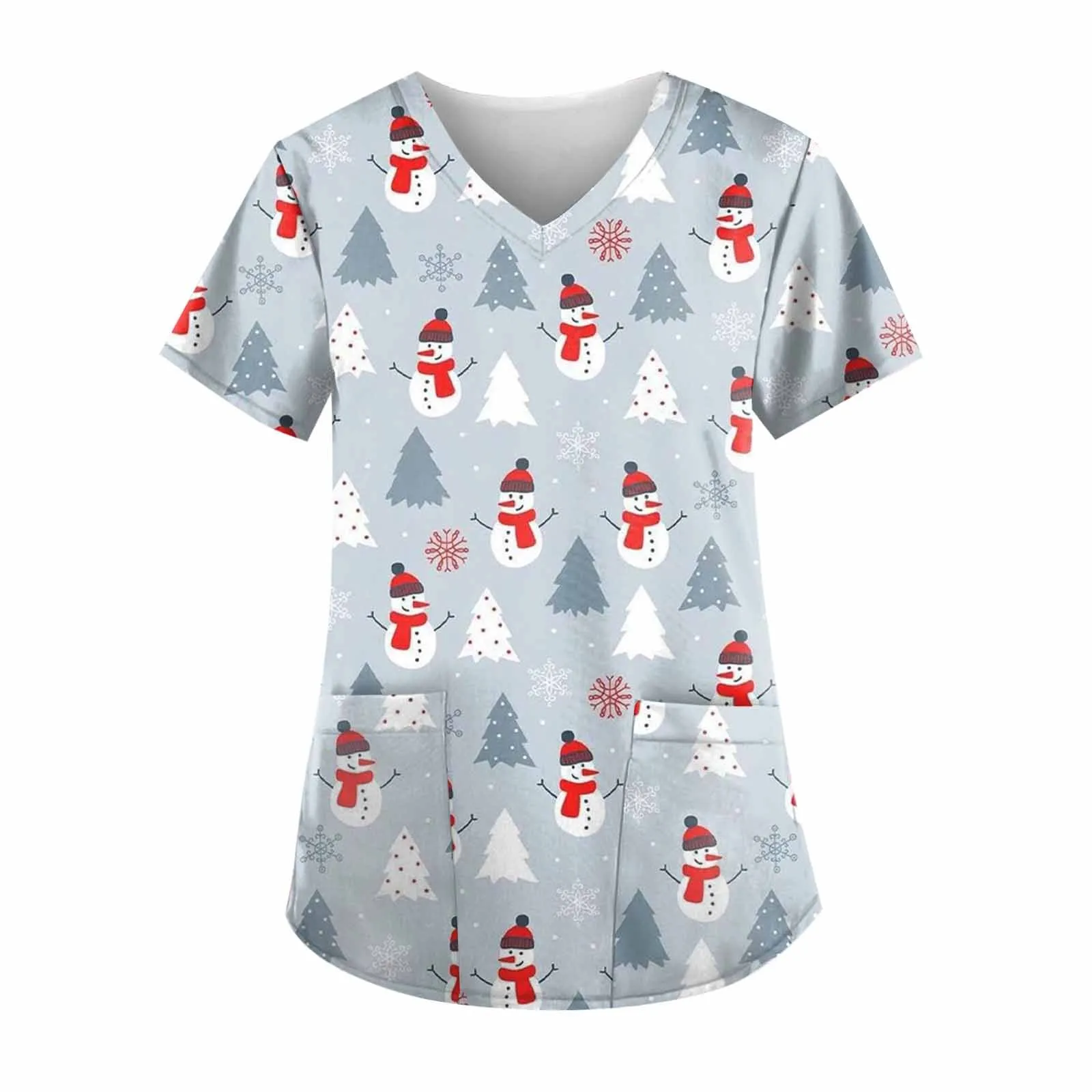 Ladies Care Nurse Uniform T-Shirt Casual Christmas Print Short Sleeve Pocket Loose Caring Workwear Hospital Nursed Blouse Spa