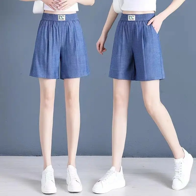 2024 New Summer office Lady Simplicity pocket Solid color Elastic waist Thin shorts Ladies All-match Elasticity High Waist pants