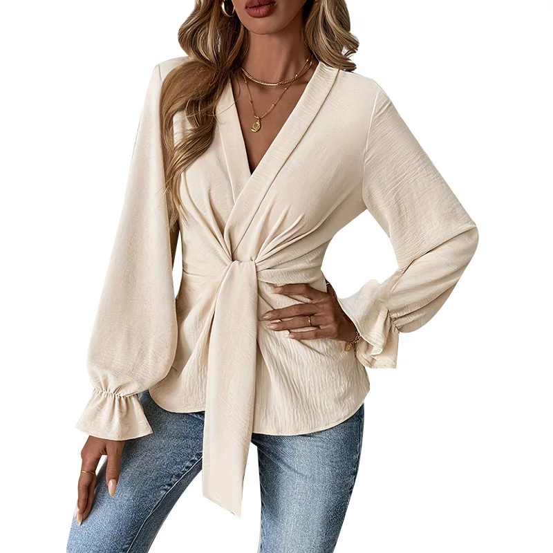 

2025 New Fashion Slim Pleated V-neck Long-sleeved Shirt Women Summer Sexy And Elegant Solid Color Home Top For Women