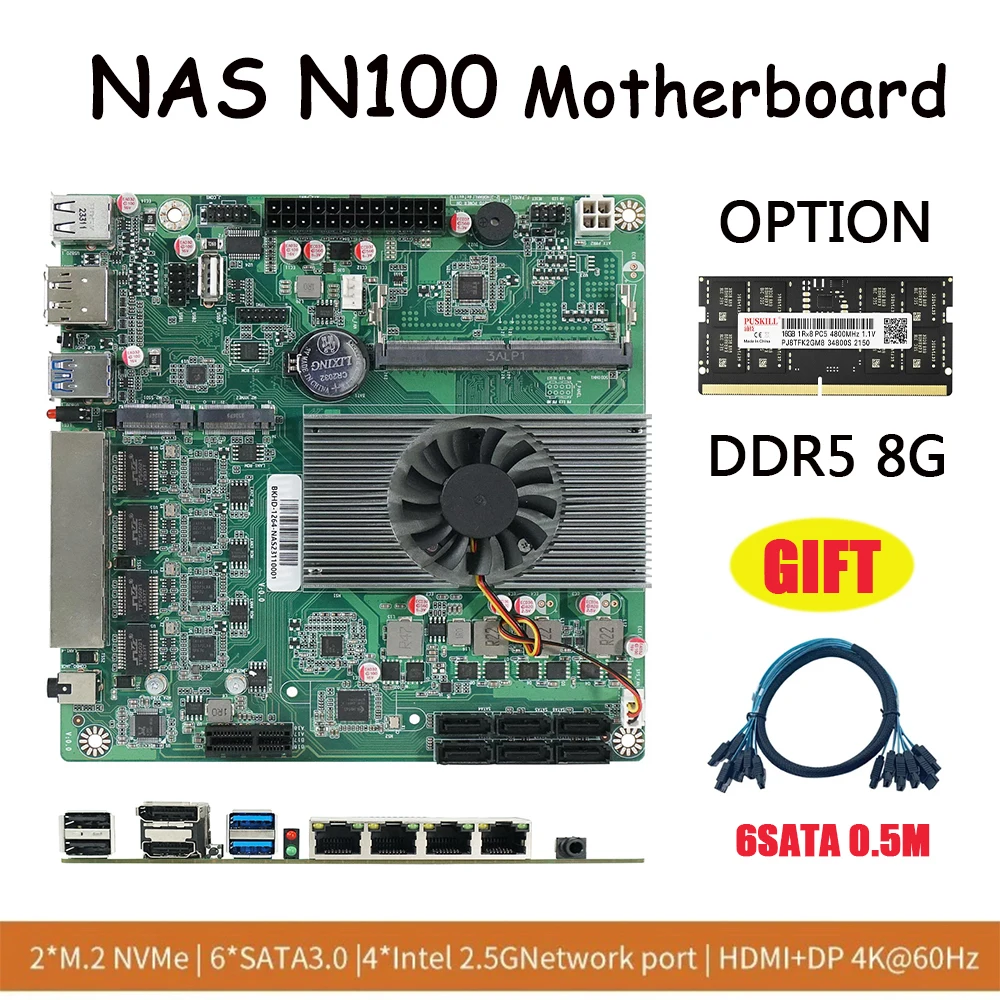 N100 NAS Motherboard 6* SATA3.0 4X Intel I226 2.5G Mini ITX DDR5 17x17CM 2* M.2 1XPCIE For Soft Router DIY NAS Storage Server