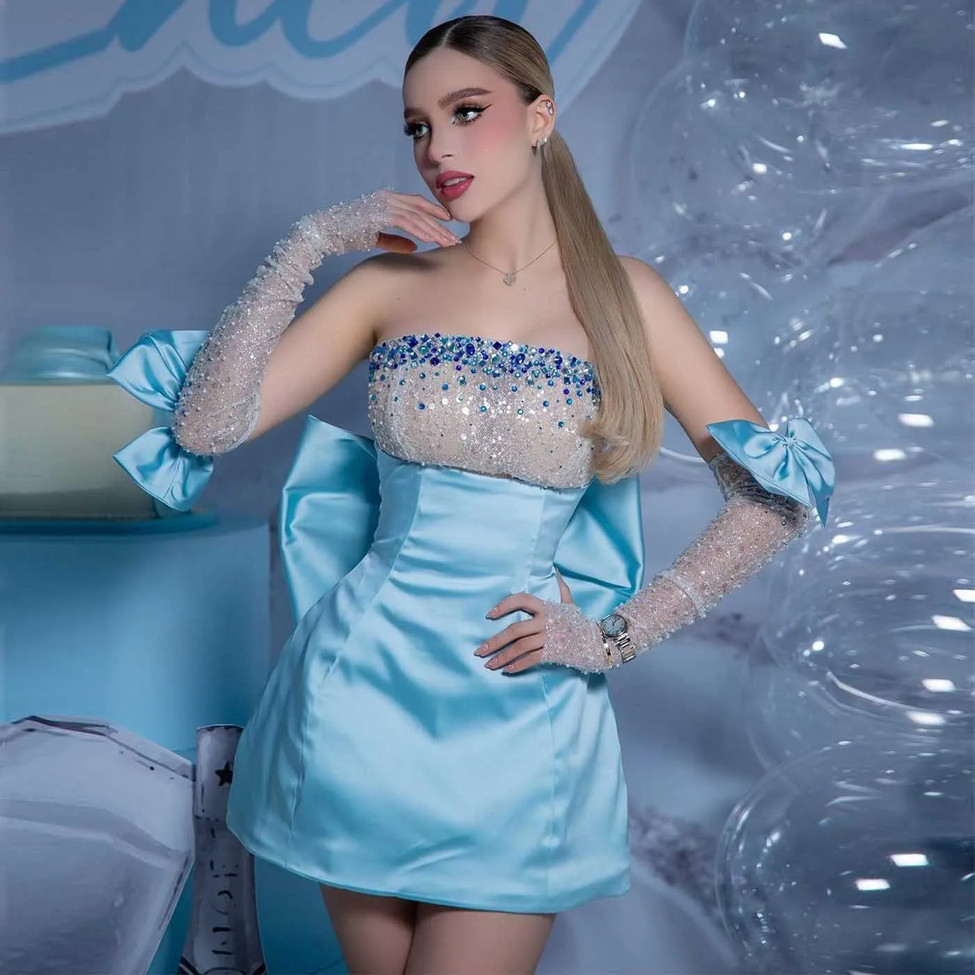 Dream Blue Mini Party Dresses with Big Bow Shiny Crystals Removable Sleeves Cute Women Birthday Dress Short Prom Gown Custom