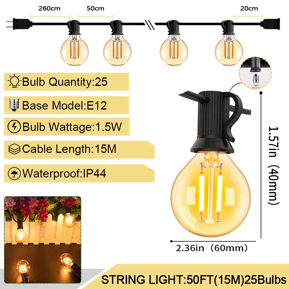 G40G Waterproof String Light 1.5w Outdoor Garland IP44 Connectable Glass Globle Replacement Bulb Belt Chain For Garden Christmas