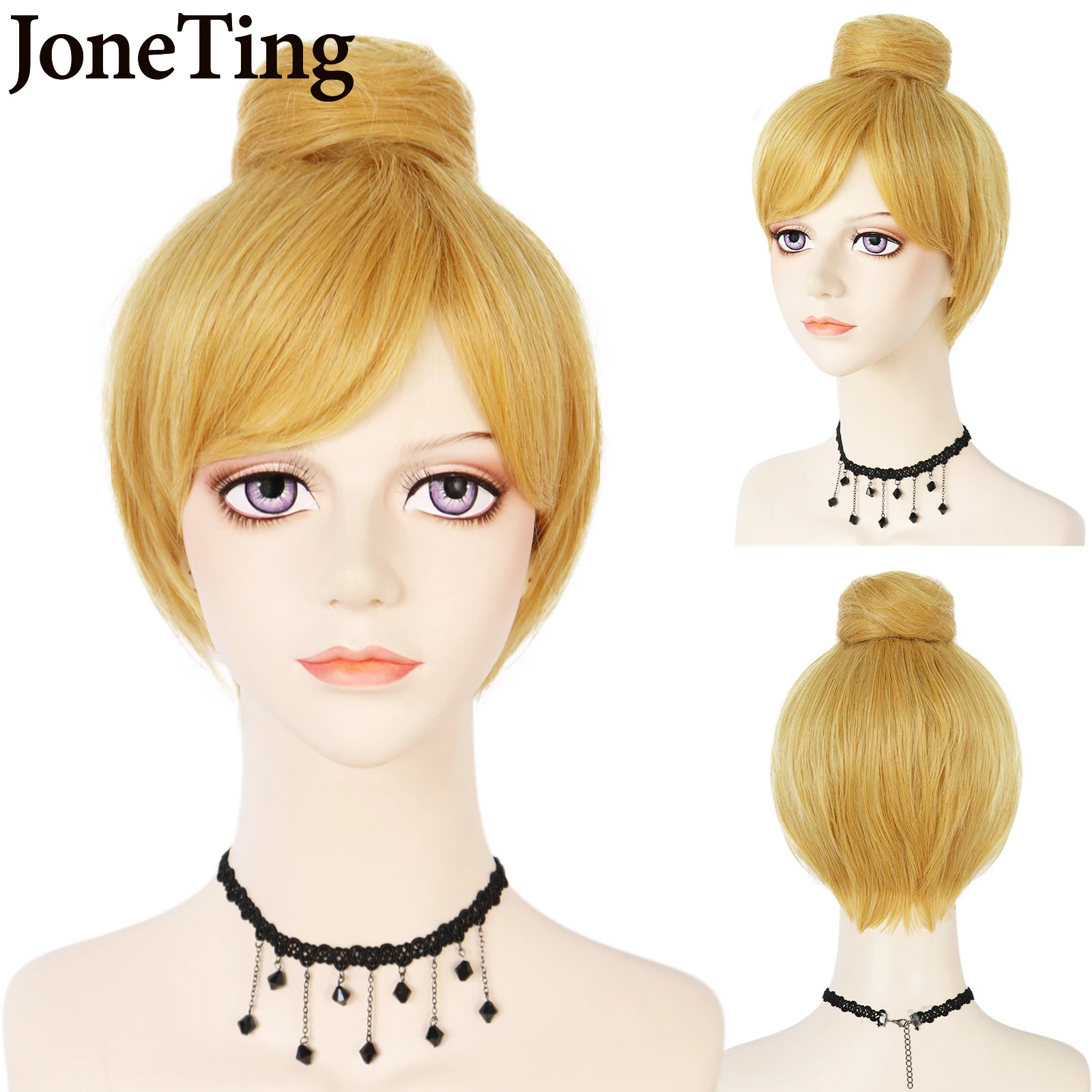 JT Synthetic Princess Tinker Bell Tinkerbell Cosplay Wigs Short Blonde Hair With Bun Heat Resistant Fiber Hair Wig Halloween