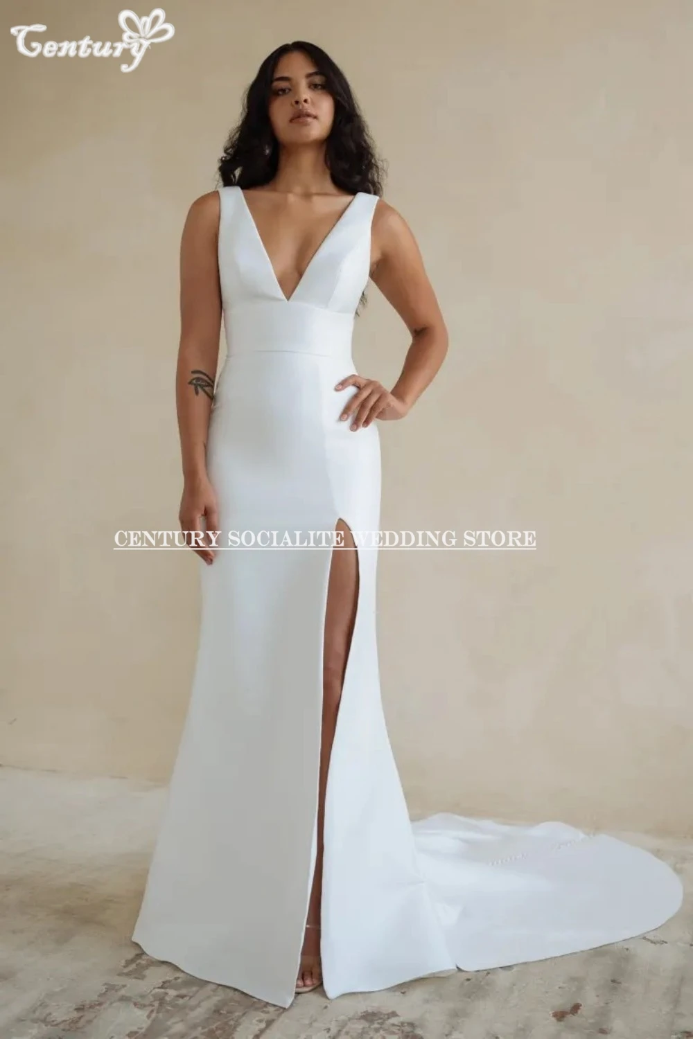 Einfache Brautkleider Meerjungfrau V-ausschnitt Backless Seite Schlitz Sexy Satin Brautkleider Braut Empfang Kleid Vestido Novia Angepasst