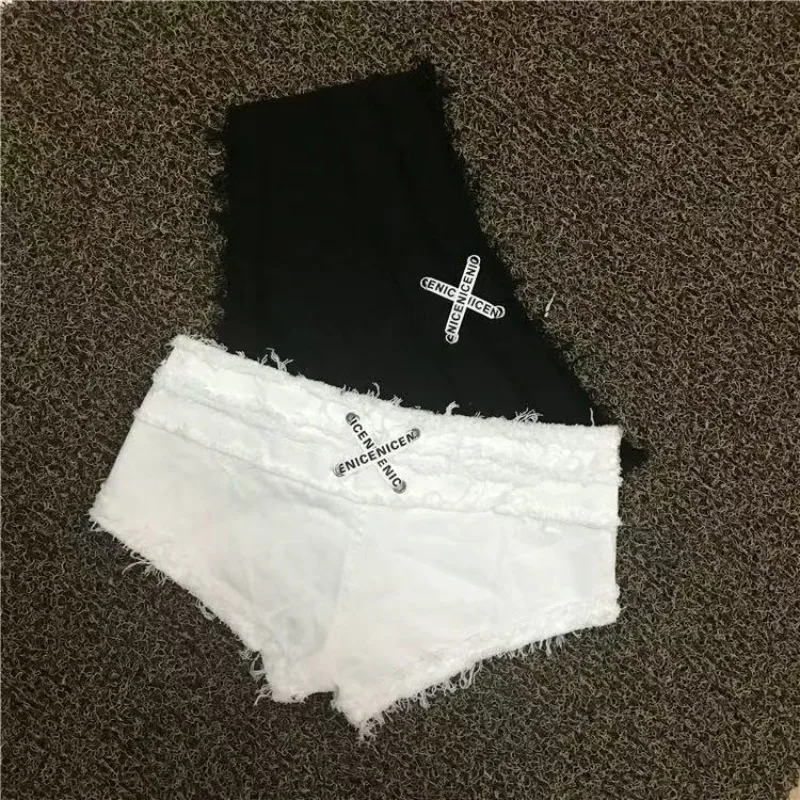 

Sexy Low Waist Skinny Ribbon Burrs Cross Denim Shorts Hip Wrap Hot Pants Shorts for Women