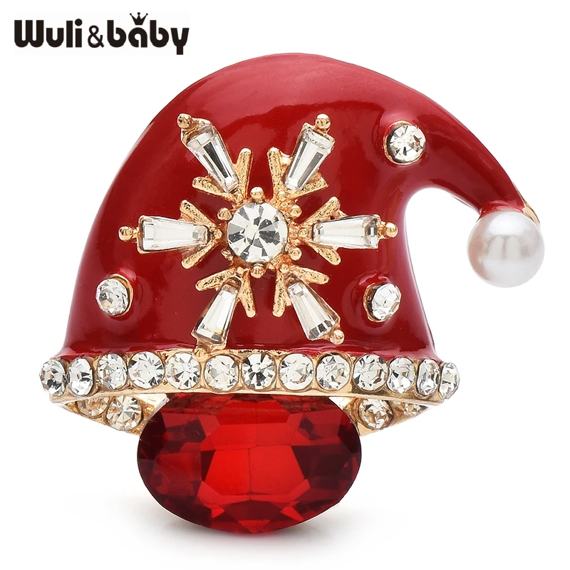 

Wuli&baby Crystal Christmas Hat Brooches For Women Children Enamel Snowflake Hat New Year Brooch Pins Gifts