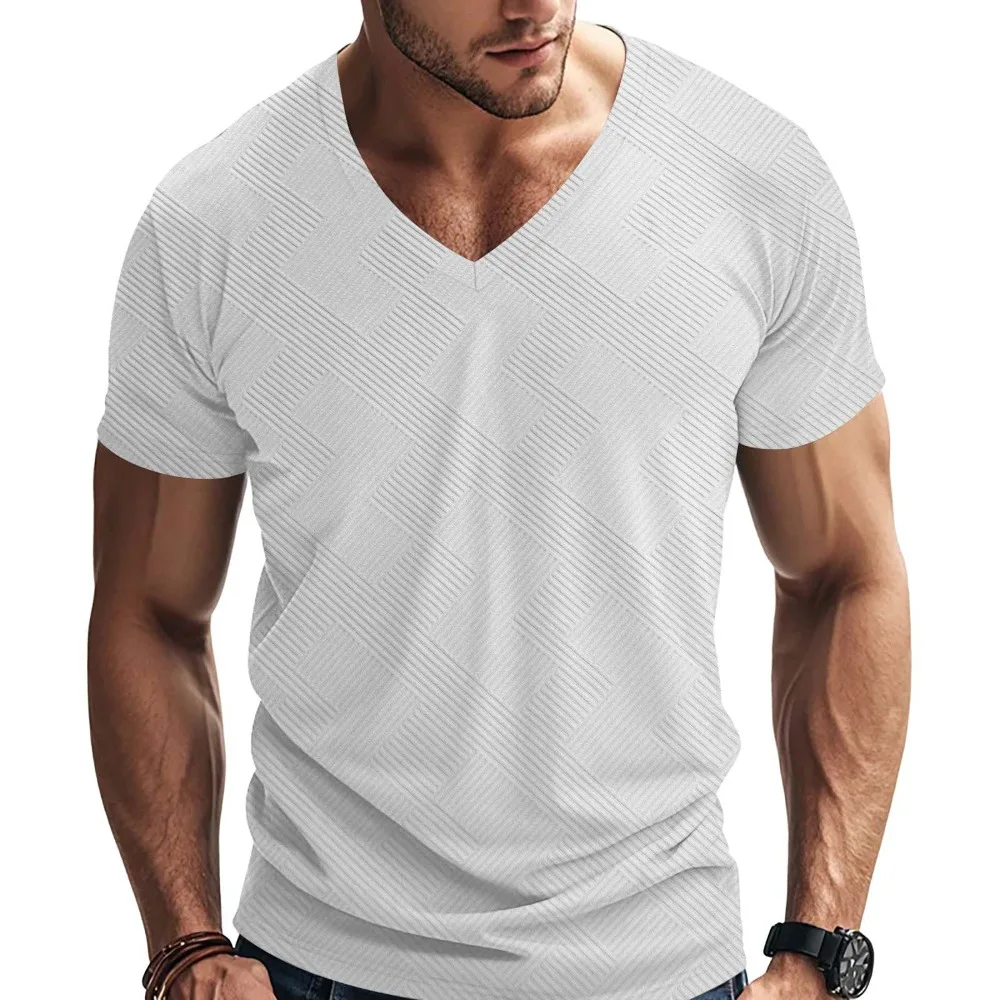 2025 Summer New V-neck T-shirt Men 100% Combed Cotton Solid Short Sleeve T Shirt Men Fitness Undershirt Male Tops Tees