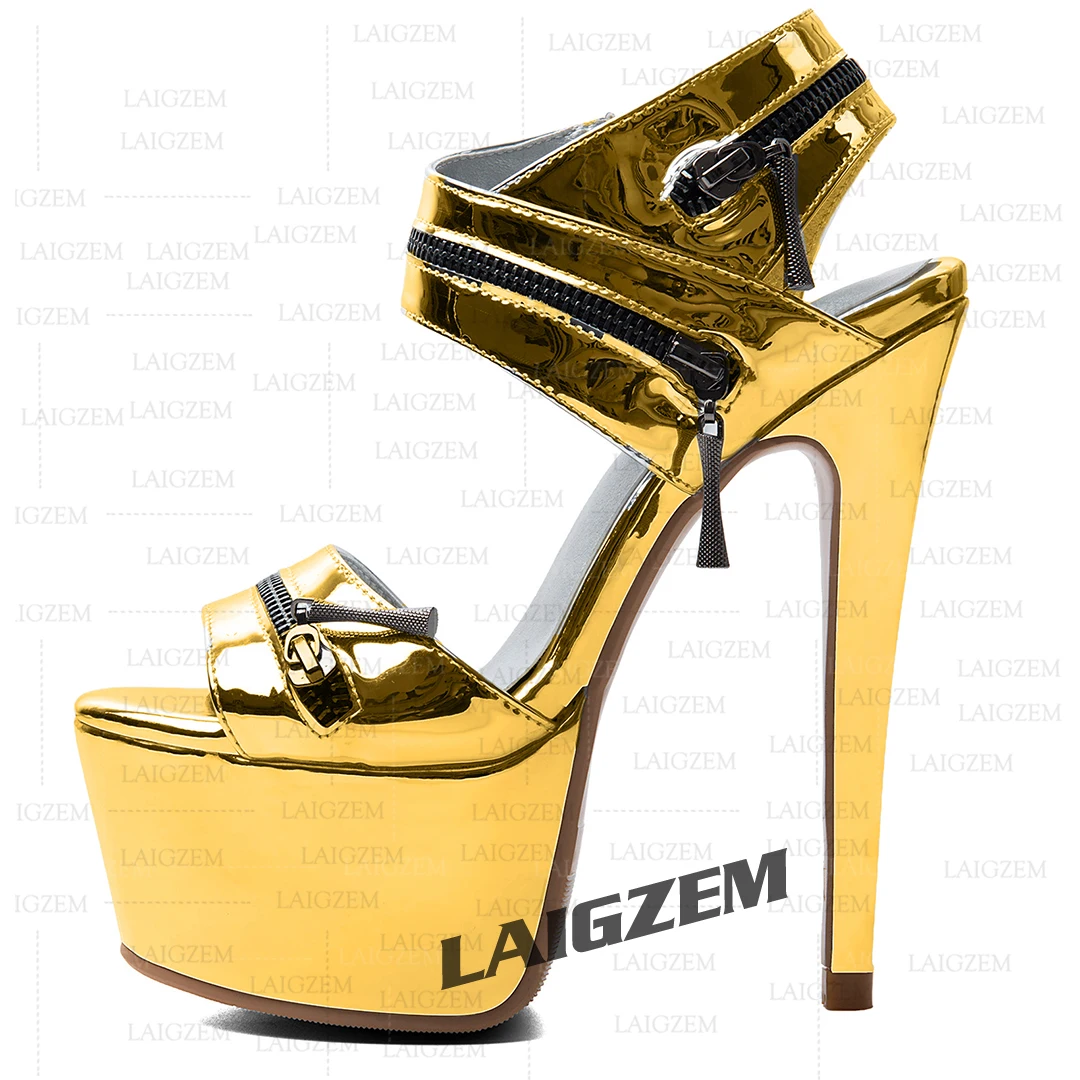 LAIGZEM Women Platform Sandals Metallic Colors Thin High Heels Side Zip Ladies Handmade Summer Shoes Woman Large Size 42 45 52