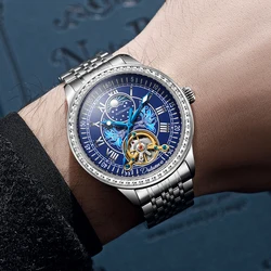 NEW Automatic Mechanical Watch For Man Skeleton Tourbillon Moon Phase Waterproof Stainless Steel Strap Top Brand Luxury Gifts