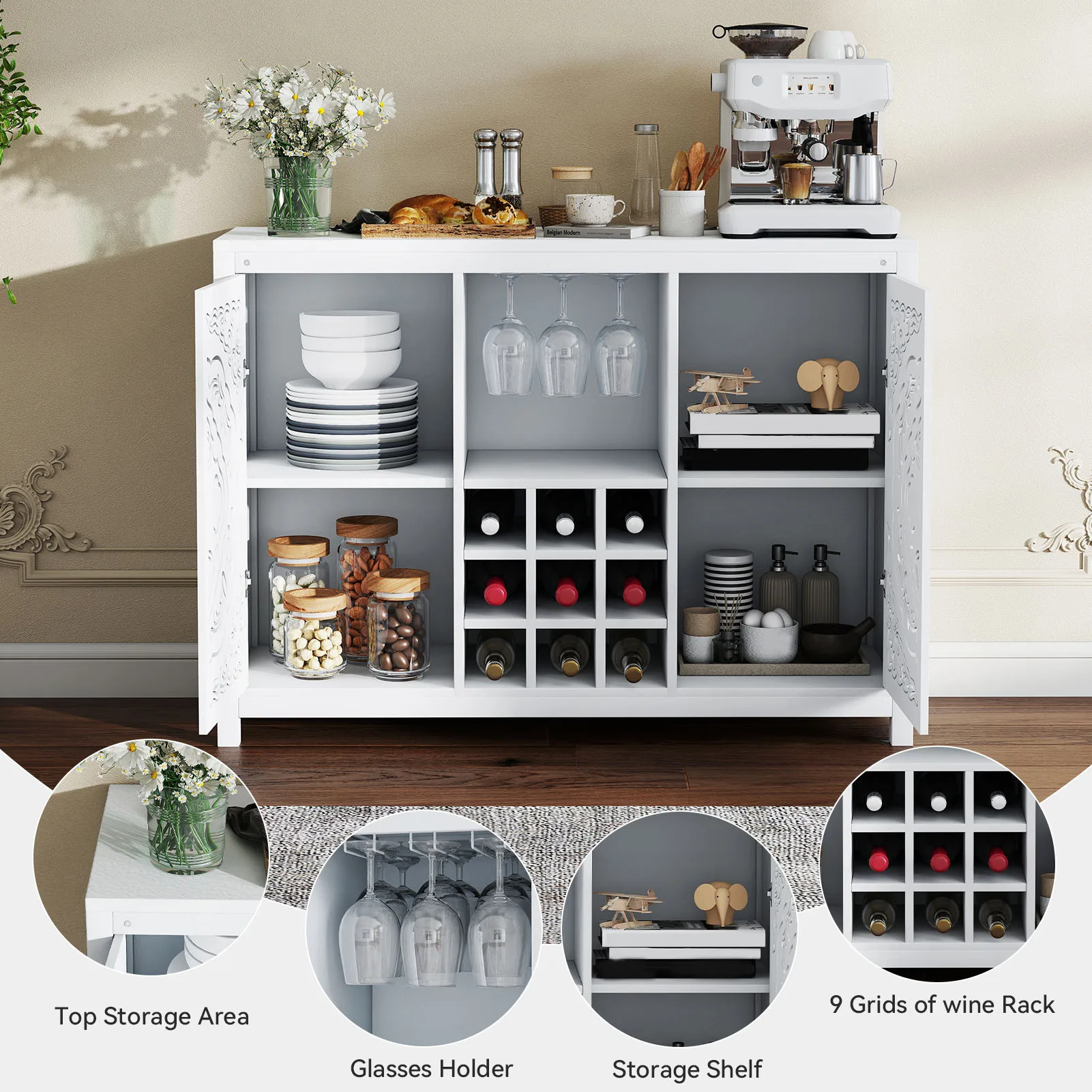 Gabinete para Bar de vino, expositor de vino ajustable, doble puerta, almacenamiento de Buffet, gabinete para licores, suministros para Bar comedor y sala de estar, 120x39x87cm