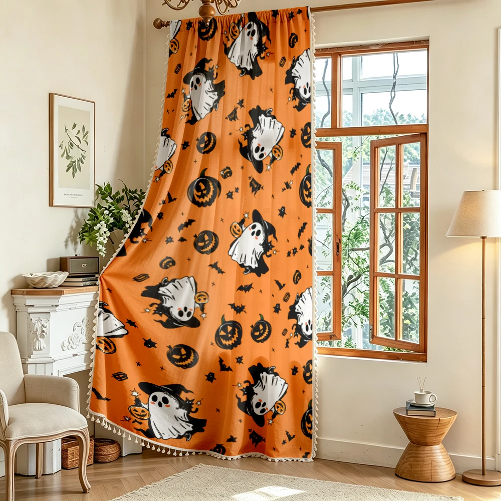1PC Halloween Fall Tassel Sheer Curtains, Ghost Pumpkin, Digital Print, Linen Polyester, Bedroom Living Room, Home Decor