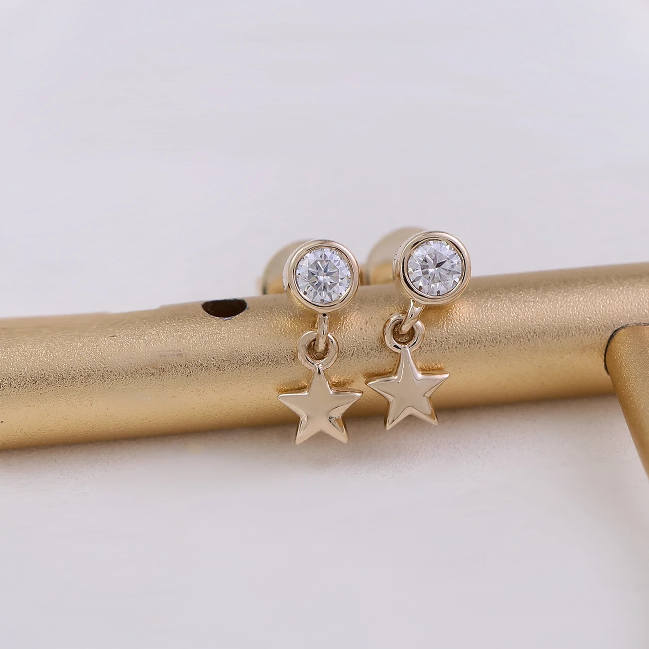 Provence Jewelry 14K Yellow Gold Round Lab Diamond Star Shape Drop Earrings For Women Party Wedding Anniversary Fashion Gift view 2