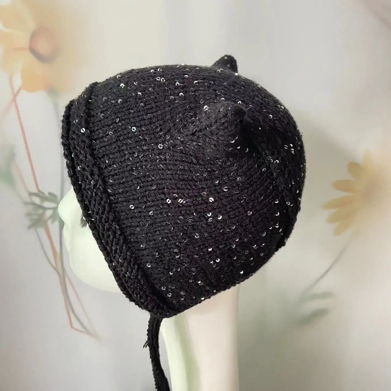 Black Solid Warm Cap Girls Funny Knit Beanies Ears Protected Hat Winter Fashion Beanies Handmade Knitting